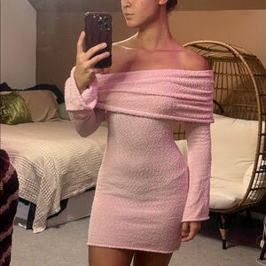Pink Sweater Off-Shoulder Dress
